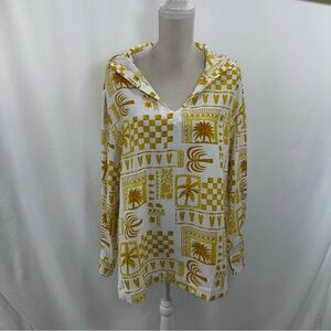 NWT Jane Delancey Hooded Tunic Womens Large Long Sleeve Yellow Print Linen Blend
